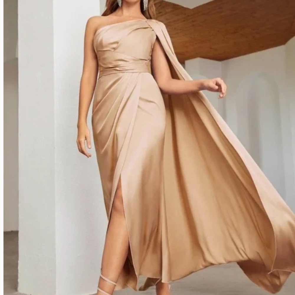 Luxe One shoulder Party Formal Evening Prom Satin Wedding Dress - Picture 4 of 15